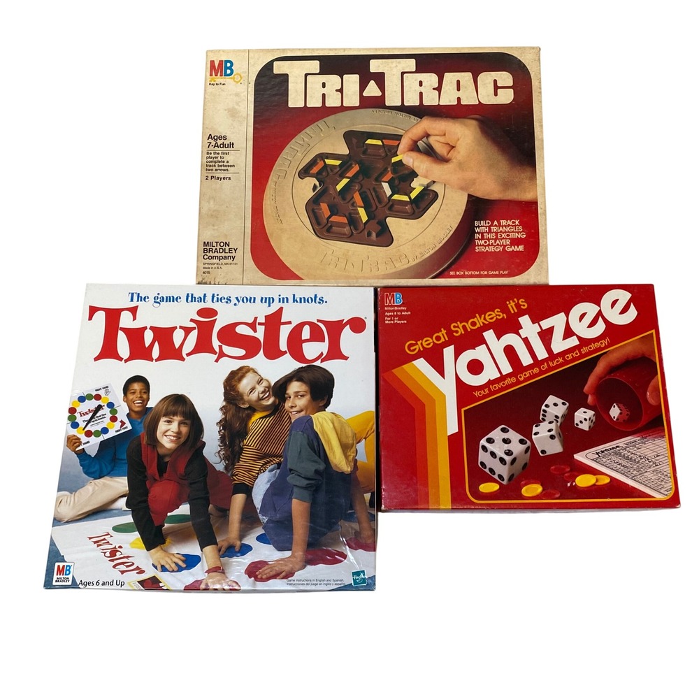 Vintage Milton Bradley Board Game Lot Tri-Trac Yahtzee‎ Twister Complete 3 Games